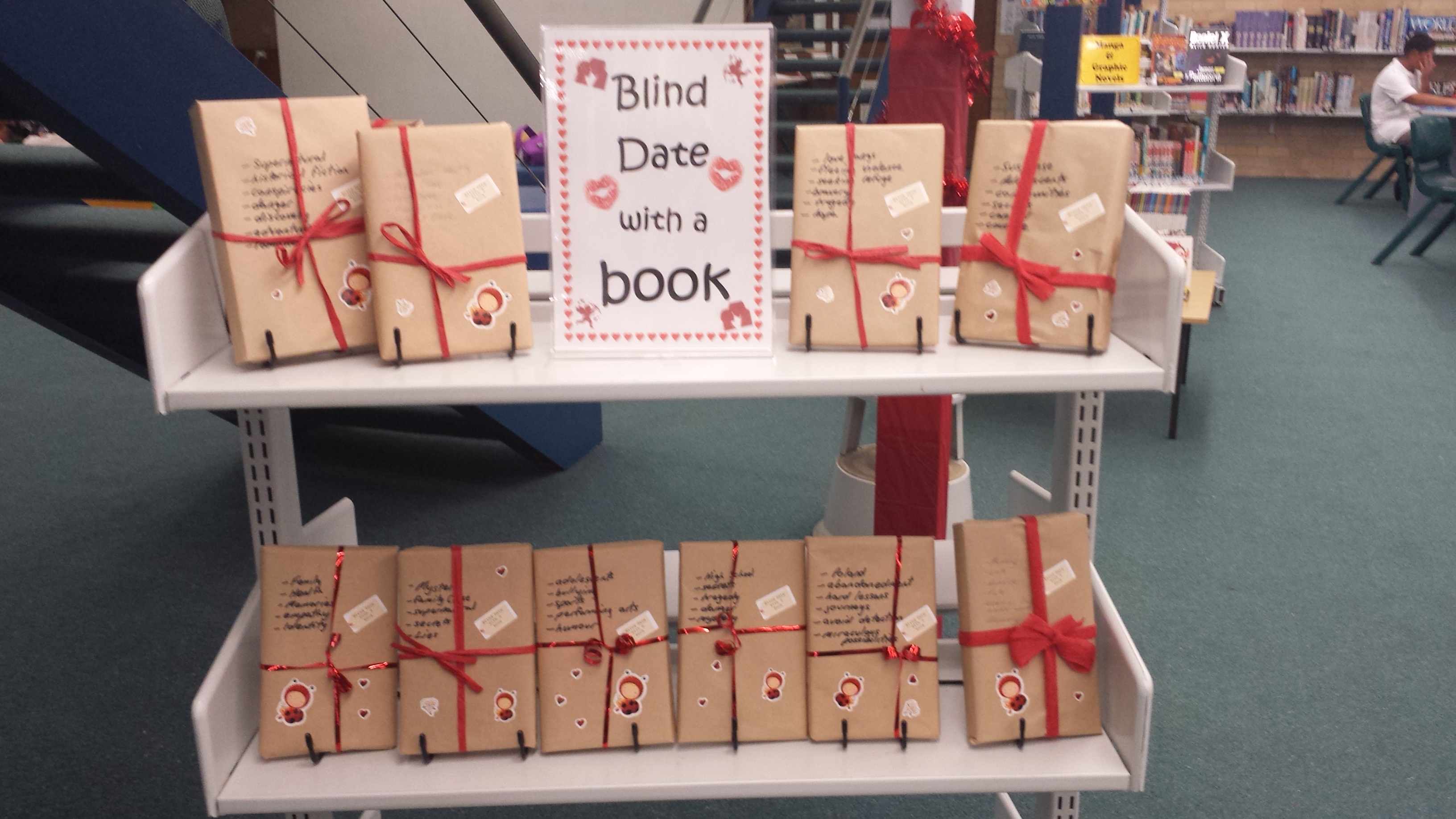Blind date with a book display, books wrapped so you can't see their cover, you can only read a one sentence summary of the book.
