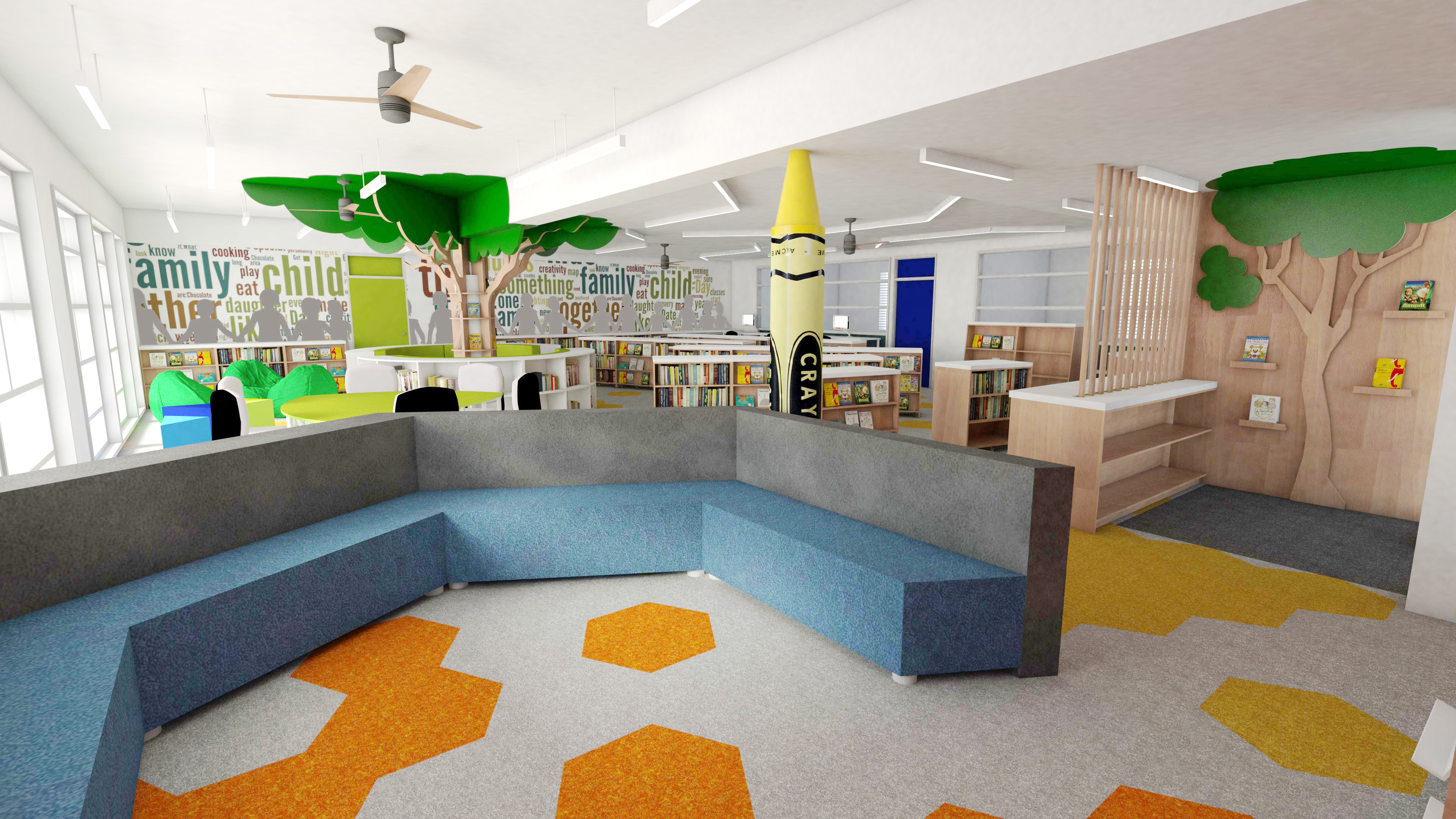 A picture of a long bench in a library space