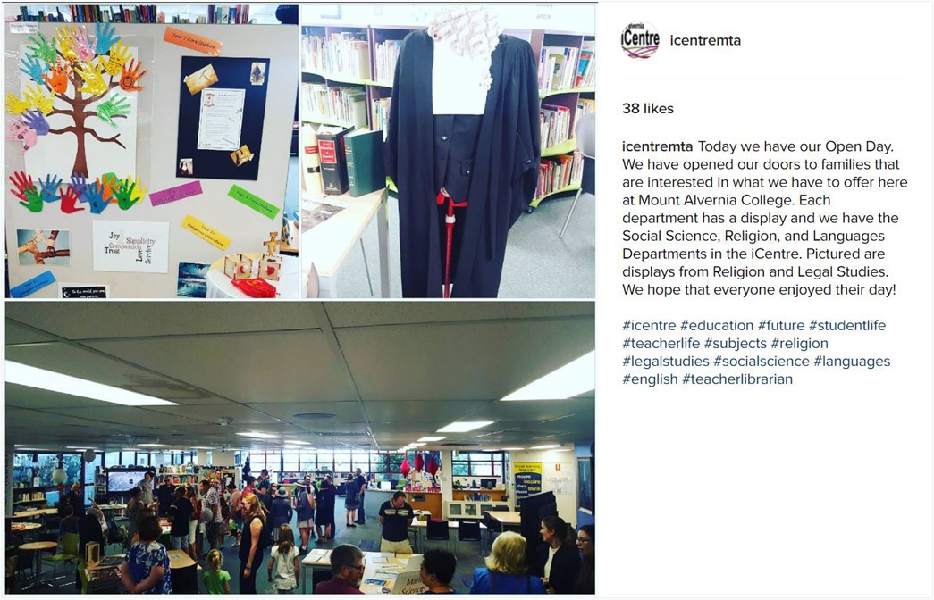 Screenshot of iCentre Mt Alvernia's Instagram account, showcasing displays in the library on Open Day.