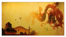 Illustration of a dragon in the sky over a small village