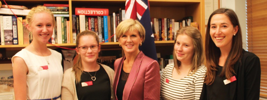 Three of the 2014 winners with Foreign Minister Julie Bishop and Country to Canberra founder Hannah Wandel (right)