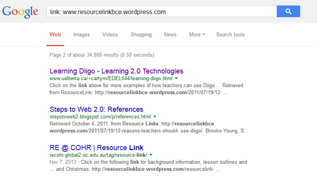 Screenshot of a Google search to determine what external websites link to a URL
