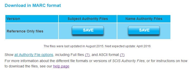 Screenshot of the SCIS Authority Files download page