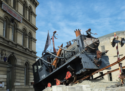 Steampunk engine outside Steampunk HQ, an art collaboration and gallery celebrating steampunk culture in Oamaru, New Zealand