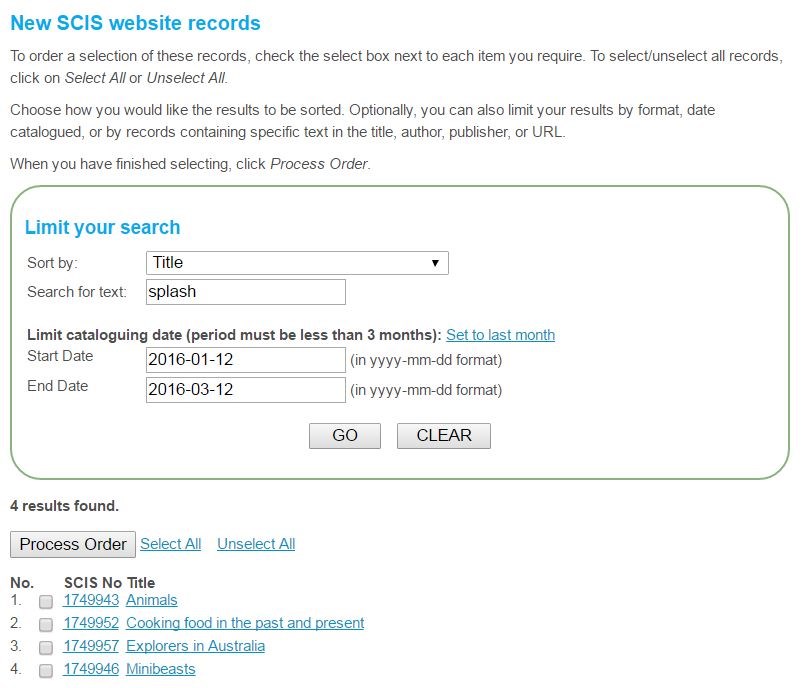 Screenshot of search function for New SCIS website records