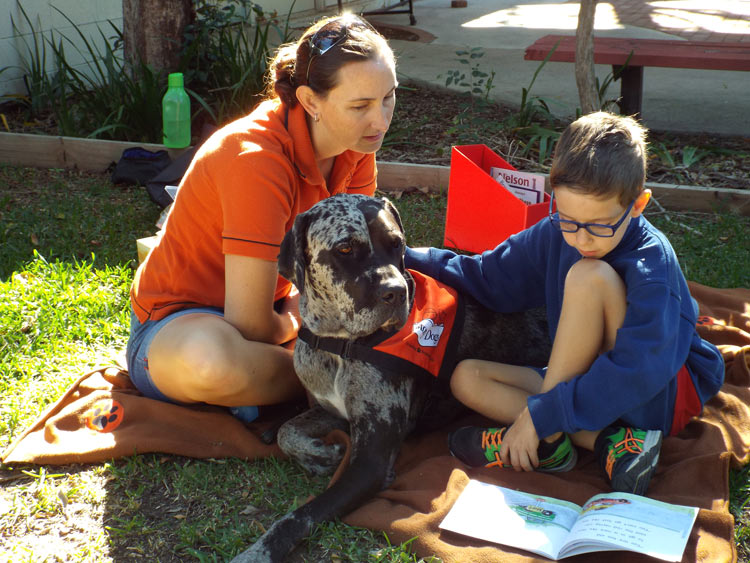 A young boy reading a book to a Great Dane while a woman in an orange shirt sits with them.