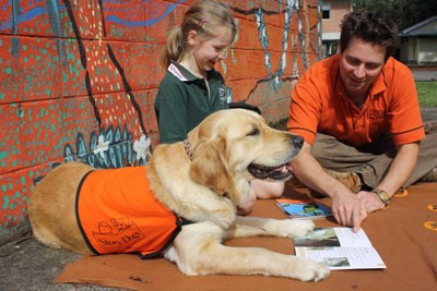 A young girl reading with a Golden Retriever and his handler.