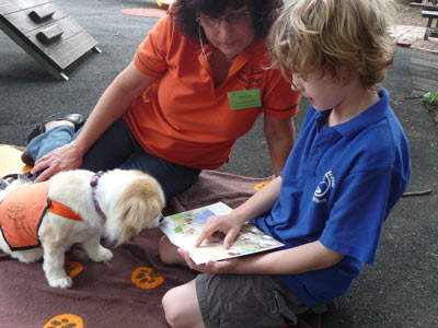 A student reading to a Tibetan Spaniel and her handler.