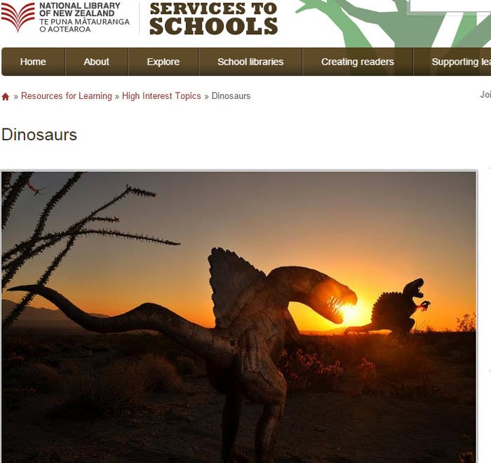 Screenshot of the Services to Schools webpage, High Topic Interests, Dinosaurs.