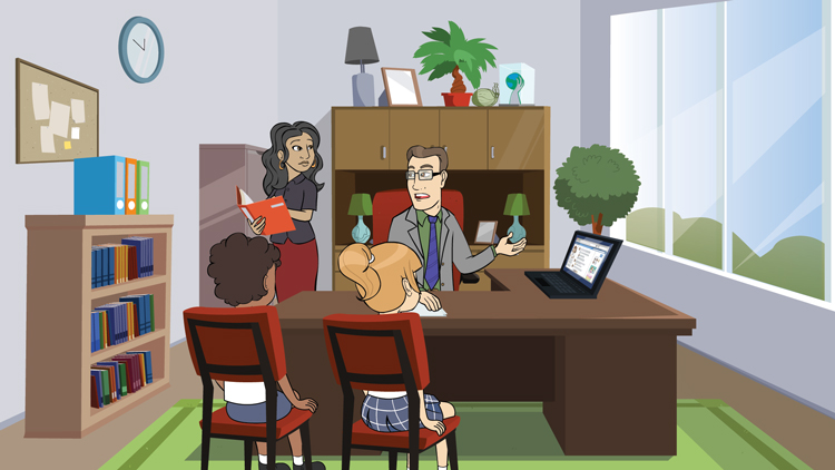 Still from a cartoon called Cybersmart Detectives. Two students and two teachers are talking in the Principal's Office
