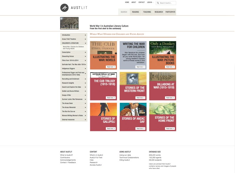 Screenshot of the AustLit 'World War I Stories for Children and Young Adults' exhibition landing page