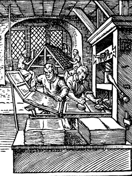 Black and white illustration depicting an early printing press.