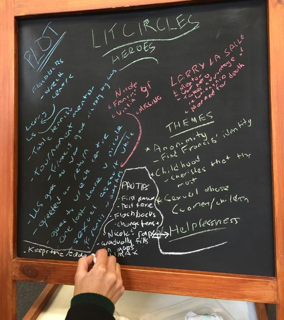 A person writing on a blackboard