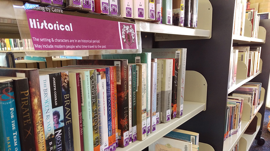 Books arranged by Genre on a library bookshelf