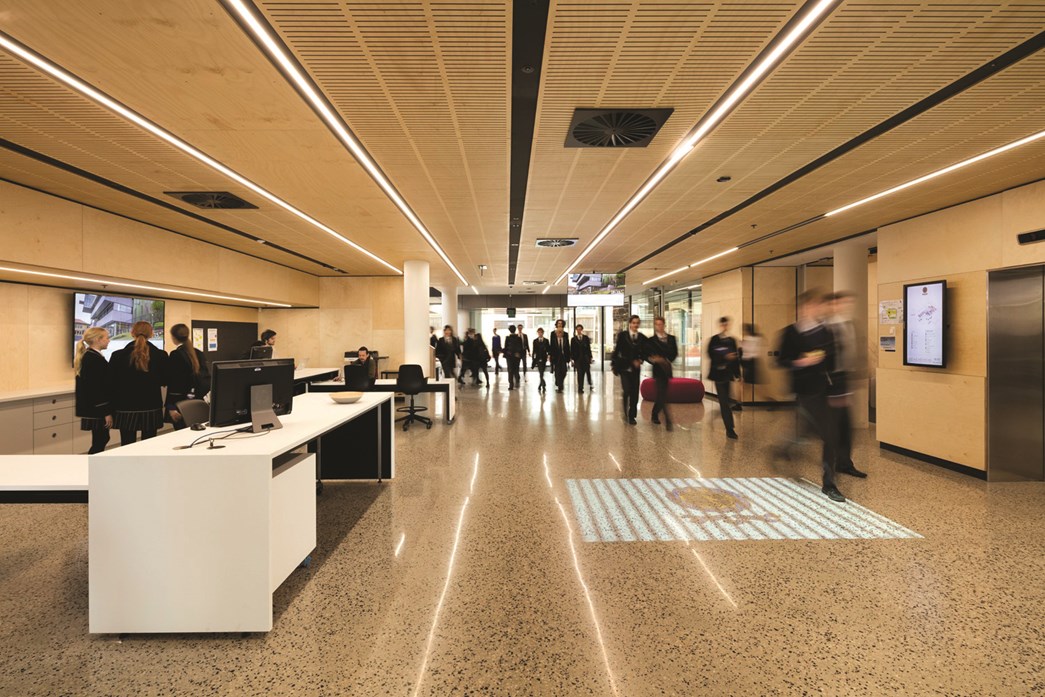Students from Carey Baptist Grammar School walking through school building