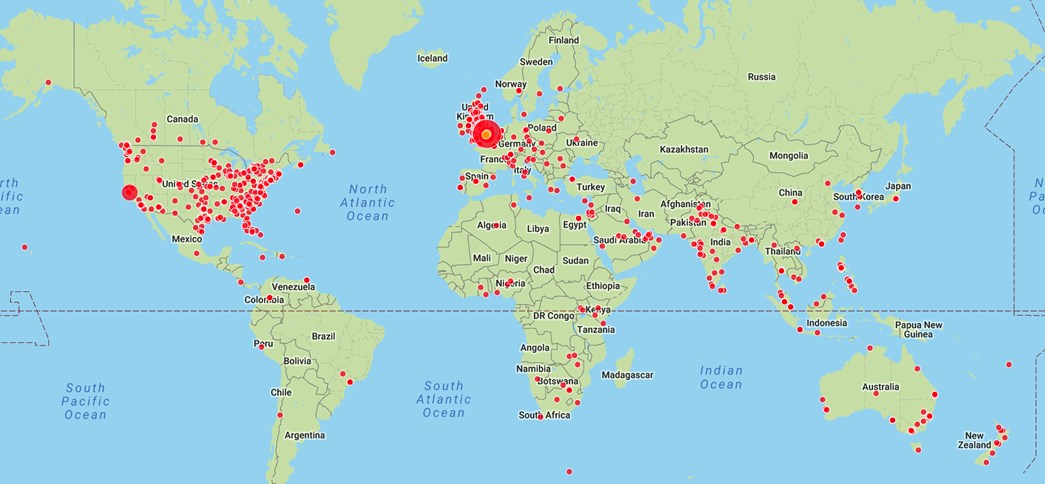 World Map with red dots showing where users are located