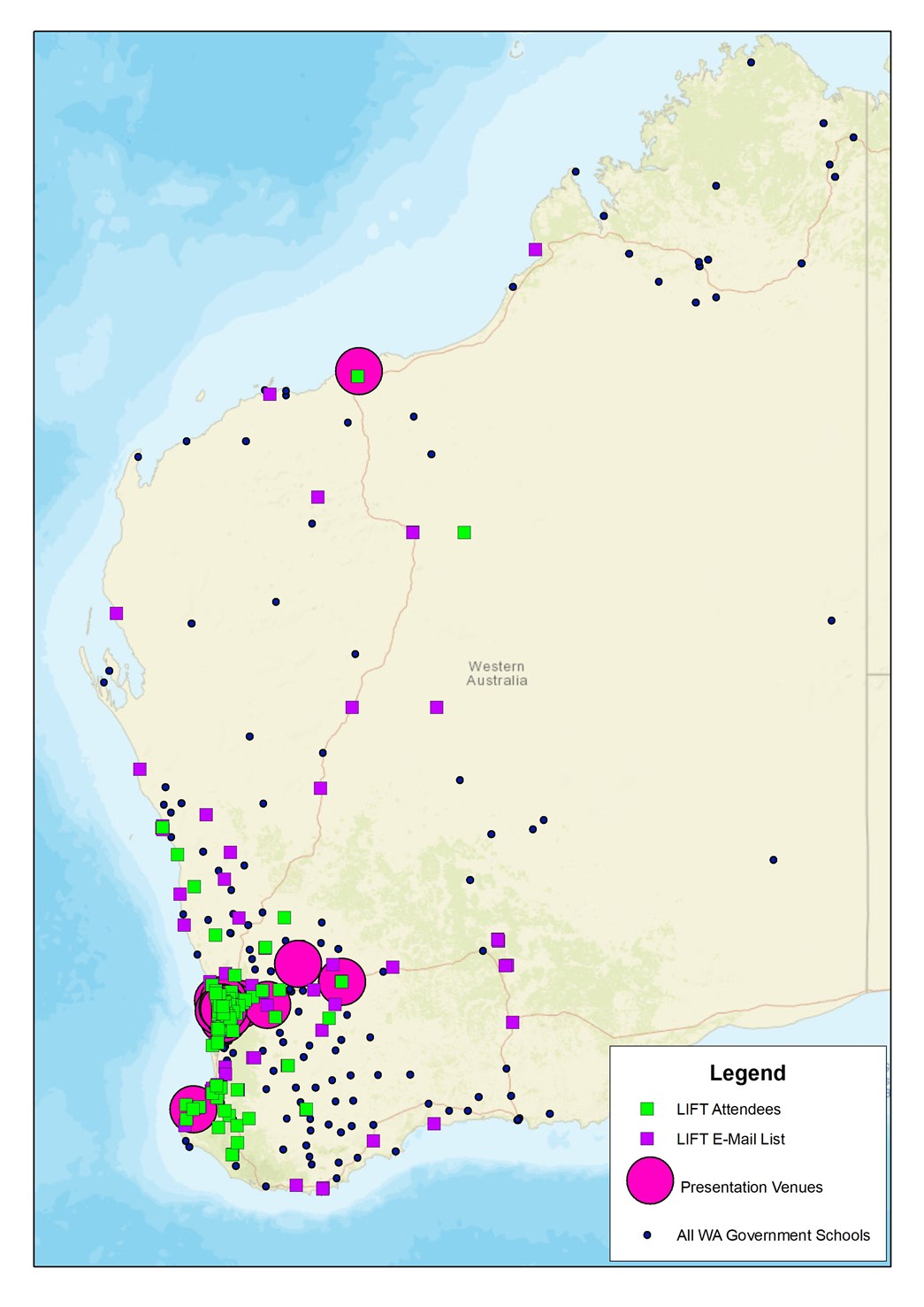 Map of Western Australia which shows the LIFT events attended by Library officers across Western Australia.