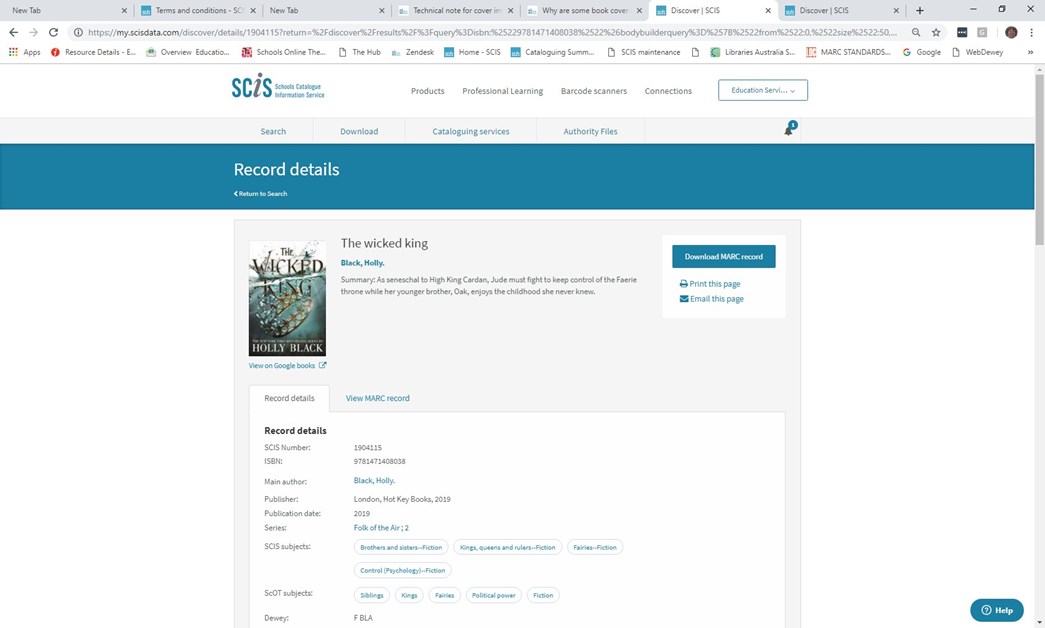 Screenshot of SCIS record details with cover image