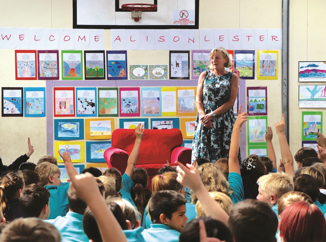 Author Alison Lester speaking to group of school children