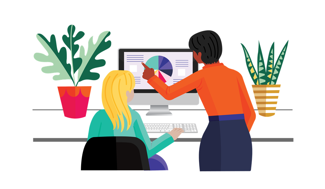 Illustration of two female coworkers in front of a computer