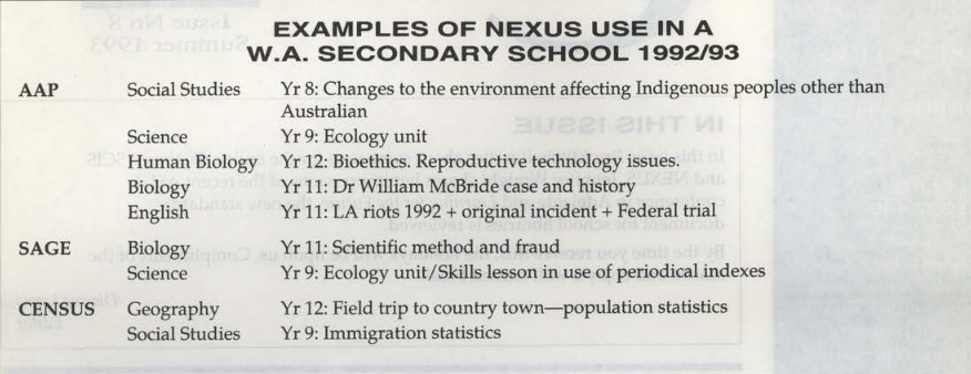 Table showing examples of NEXUS use in a secondary school
