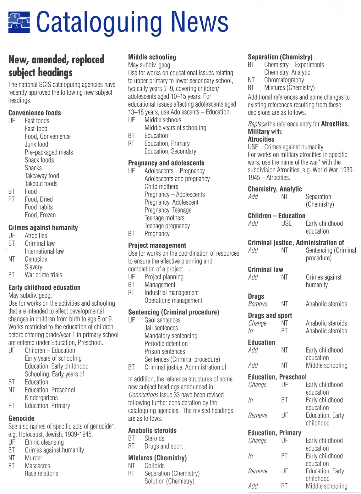 List of new amended, replaced SCIS catalogue subject headings