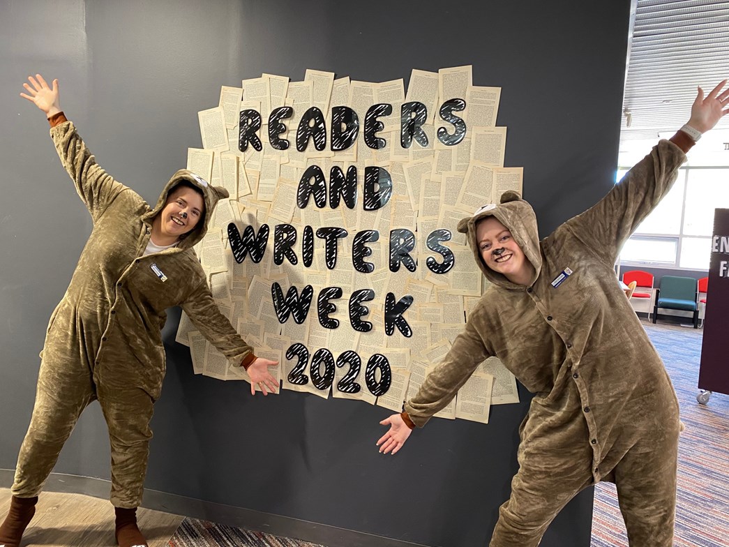 Librarians dressed as bears for 'Readers and writers week' event.