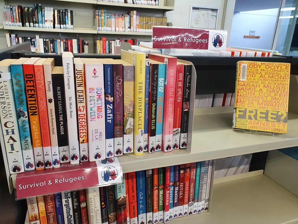 Books on library shelf.