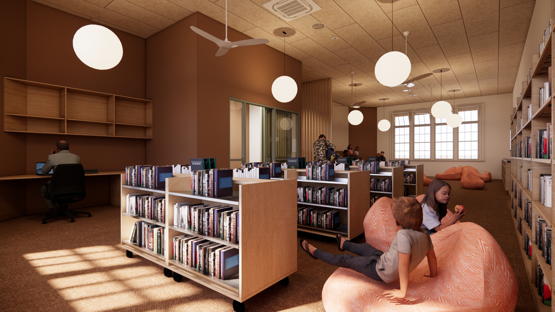 A design render of a library, with hanging lamps, shelves on wheels and children reading on bean bags